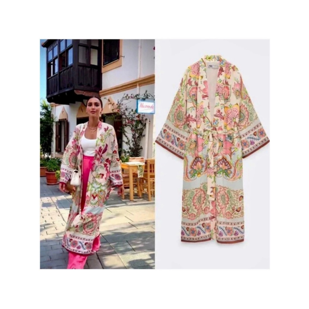 Zara Printed Satin Floral Long Kimono Robe Belted Boho Luxe